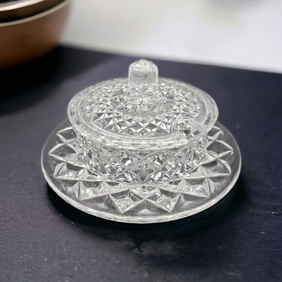 Crystal Condiment Bowl Dish Jam Sugar Tray Lid Spoon Hole Sparkle Two Piece - Picture 1 of 10